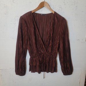 Zara Women's Blouse Medium Brown/Rust Pleated V-Neck Long Sleeve Tie Front Top